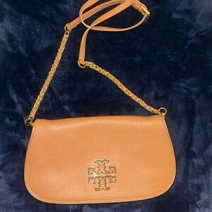 Tory Burch Camel Leather Crossbody with Gold Chain